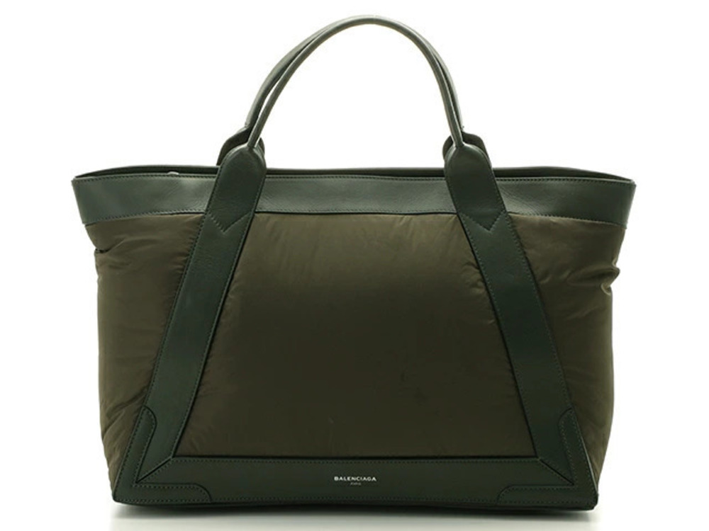 Balenciaga Navy Blue Cabas Calfskin Khaki Green Tote Bag